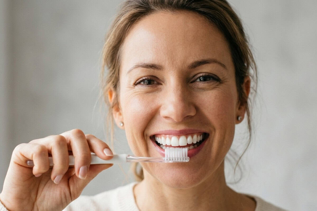 Woman smiling while brushing her teeth with a white toothbrush and toothpaste foam visible at the bristles