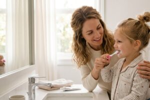 Mother helping her daughter brush teeth at a bathroom sink, smiling as she guides the toothbrush.
