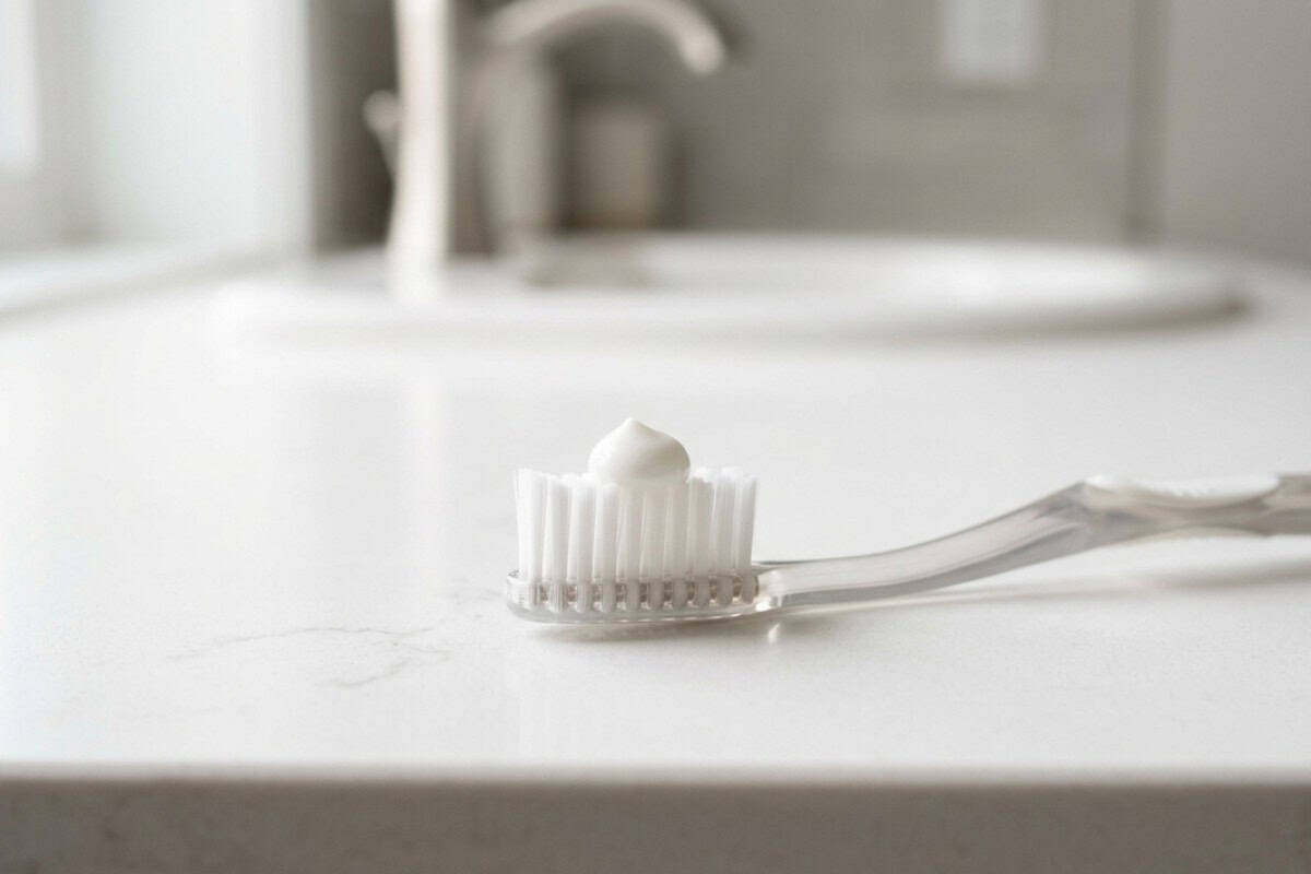 White toothbrush with a dollop of toothpaste on the bristles on a white bathroom counter.