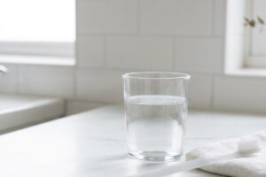the-30-minute-rule-can-you-brush-teeth-after-whitening-safely - Magnolia Family Dental Care | Tulsa Dentist | Tulsa, OK Clear glass of water on a white marble countertop, with a toothbrush and towel nearby in a bright kitchen scene.