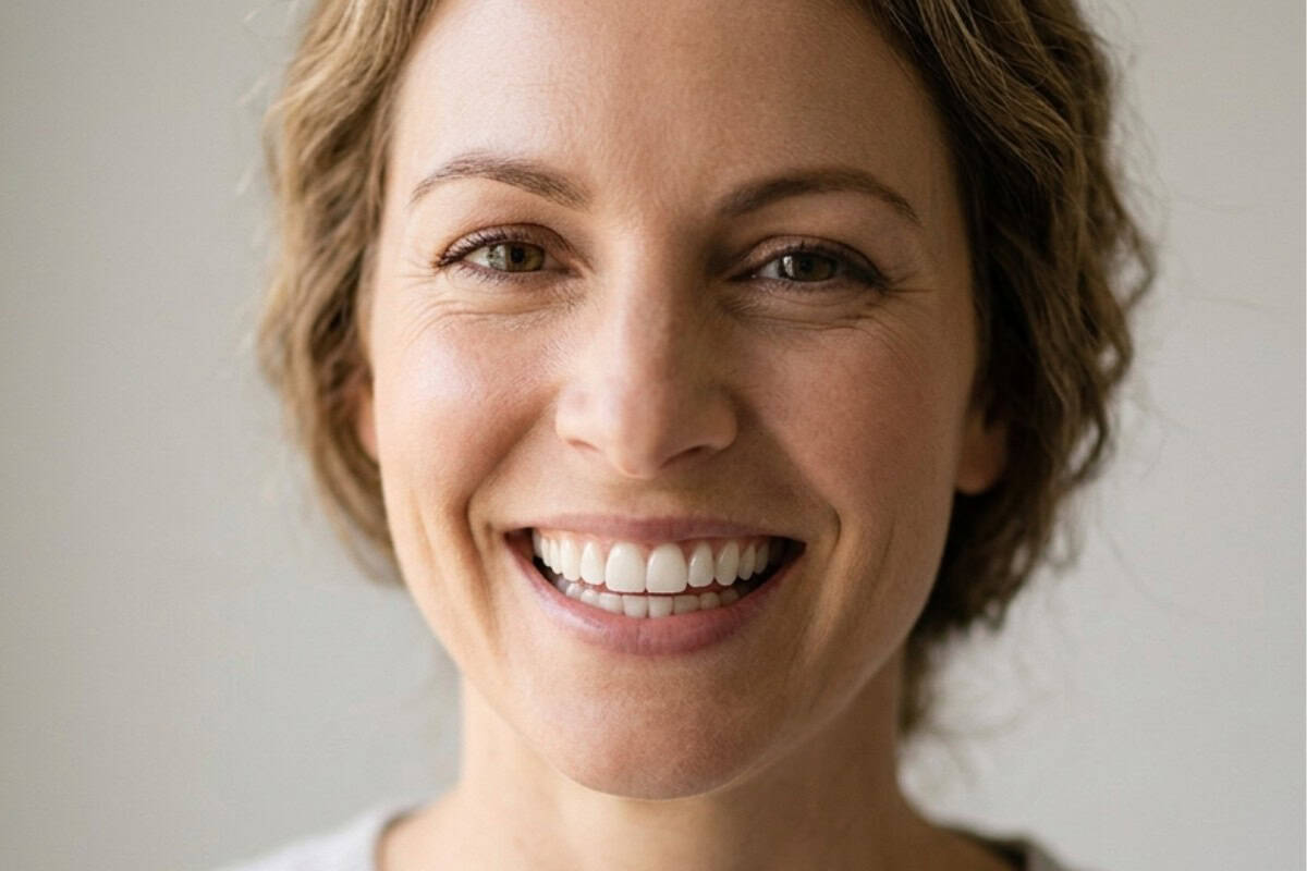 Close-up of a smiling woman looking at the camera, showing teeth and warm expression.