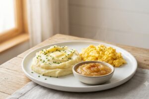 what-to-eat-while-your-mouth-heals - Magnolia Family Dental Care | Tulsa Dentist | Tulsa, OK Plate with mashed potatoes (chive garnish), scrambled eggs, and a small bowl of applesauce on a wooden table, steam rising from the potatoes about to be eaten.