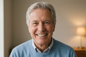 Smiling elderly man with gray hair wearing a light blue sweater, indoors at home.