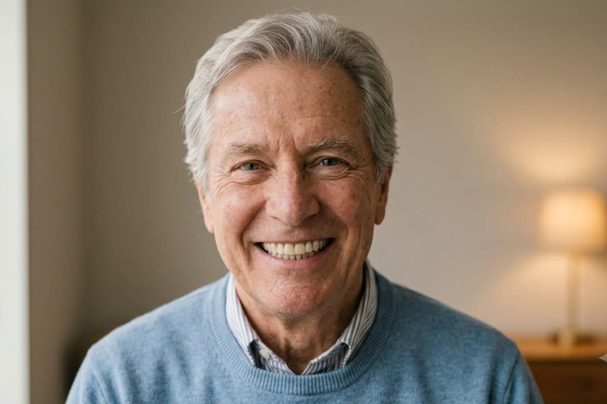 Smiling elderly man with gray hair wearing a light blue sweater, indoors at home.