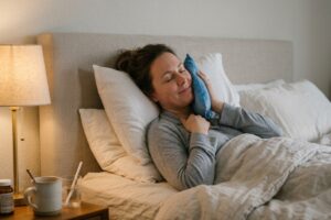 Woman lying in bed, cuddling a blue pillow with a content, relaxed expression.
