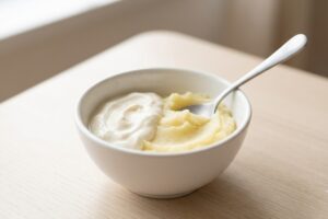 soft-foods-prevent-dry-socket-tulsa-ok - Magnolia Family Dental Care | Tulsa Dentist | Tulsa, OK White bowl on a light wooden table holding two swirls of creamy foods, with a metal spoon resting in the bowl (yogurt and mashed potatoes).