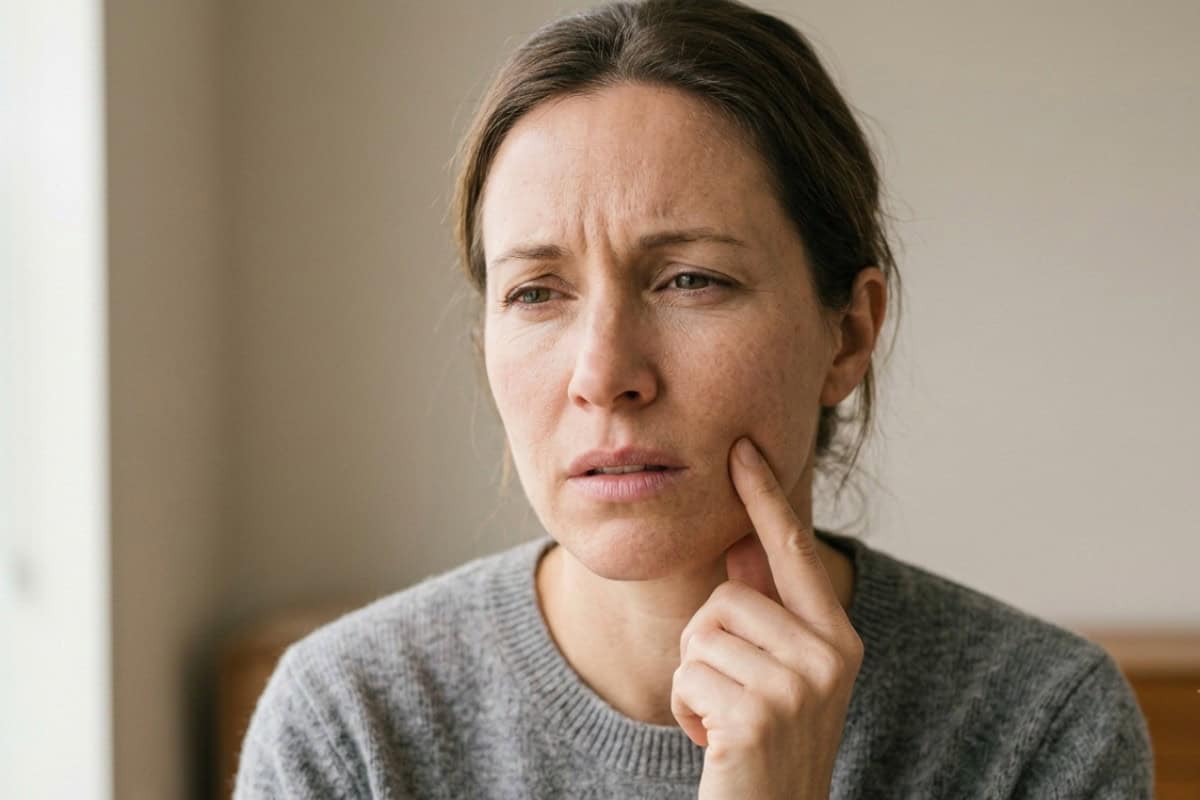 Woman with a worried expression touching her cheek with her finger, indoors in a soft-lit room.