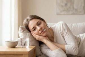 Woman resting on a beige sofa with a tissue in her mouth, leaning on a pillow, next to a glass of water and a bowl on a side table (sick at home).