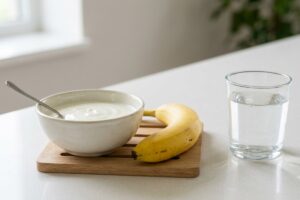 A white bowl of yogurt with a spoon on a wooden board, placed next to a ripe banana and a glass of water on a white countertop in a bright kitchen.