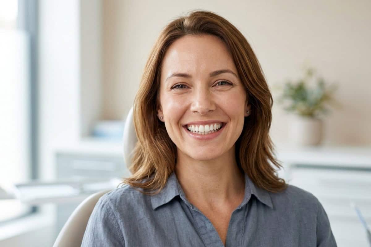 Smiling woman with brown hair seated in a bright office, wearing a blue button-down shirt, with a plant in the background.