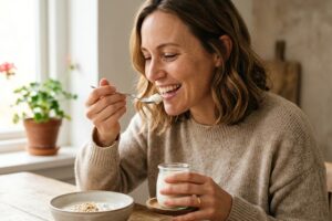 Woman in a beige sweater enjoying yogurt from a glass jar at a wooden table.