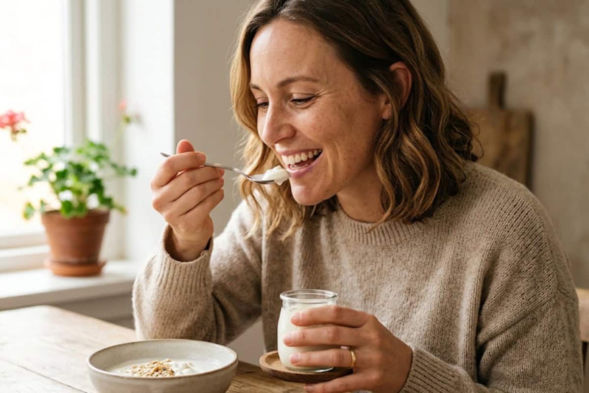 Woman in a beige sweater enjoying yogurt from a glass jar at a wooden table.