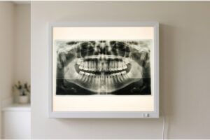 Framed panoramic dental X-ray on a wall in a clinic, showing upper and lower teeth clearly.