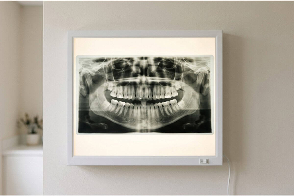 Framed panoramic dental X-ray on a wall in a clinic, showing upper and lower teeth clearly.