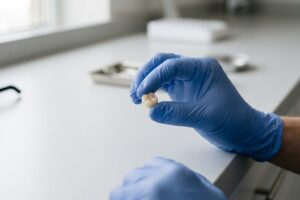 Gloved hands holding a small extracted tooth in a dental clinic workspace.