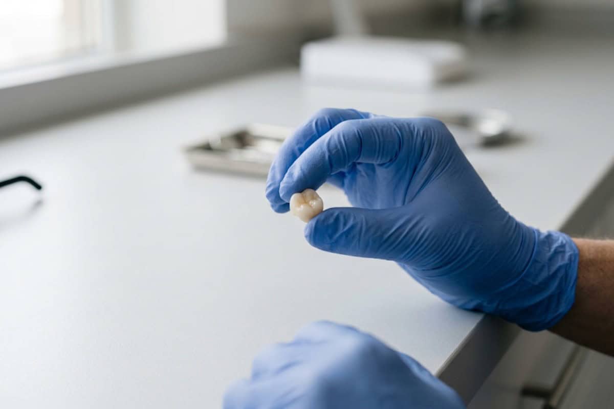 Gloved hands holding a small extracted tooth in a dental clinic workspace.