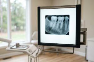Dental X-ray displayed on a lightbox in a bright dental clinic setting.