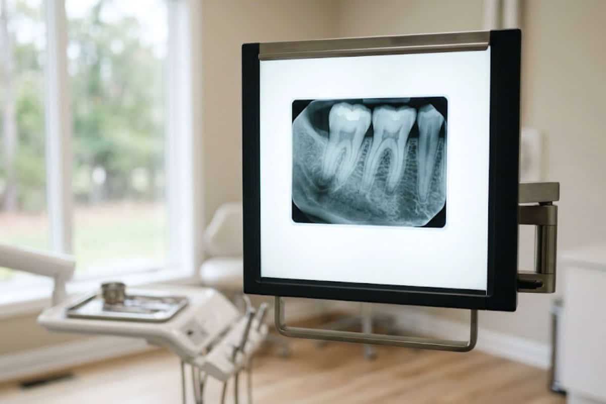 Dental X-ray displayed on a lightbox in a bright dental clinic setting.