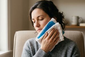 Woman sits on a chair, pressing a blue cold pack wrapped in a cloth to her cheek.