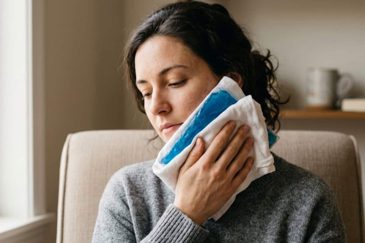 Woman sits on a chair, pressing a blue cold pack wrapped in a cloth to her cheek.