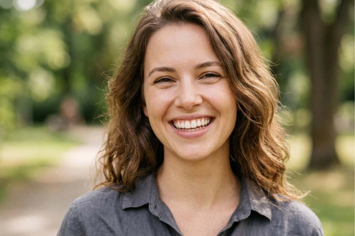 Woman with wavy brown hair smiling outdoors in a sunlit park