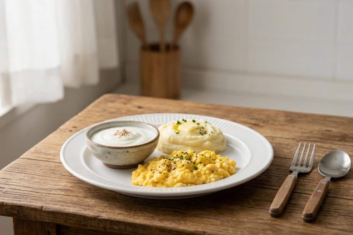 Plate with scrambled eggs, mashed potatoes topped with butter, and a small bowl of yogurt or cream on a rustic wooden table, with a fork and spoon beside the plate.