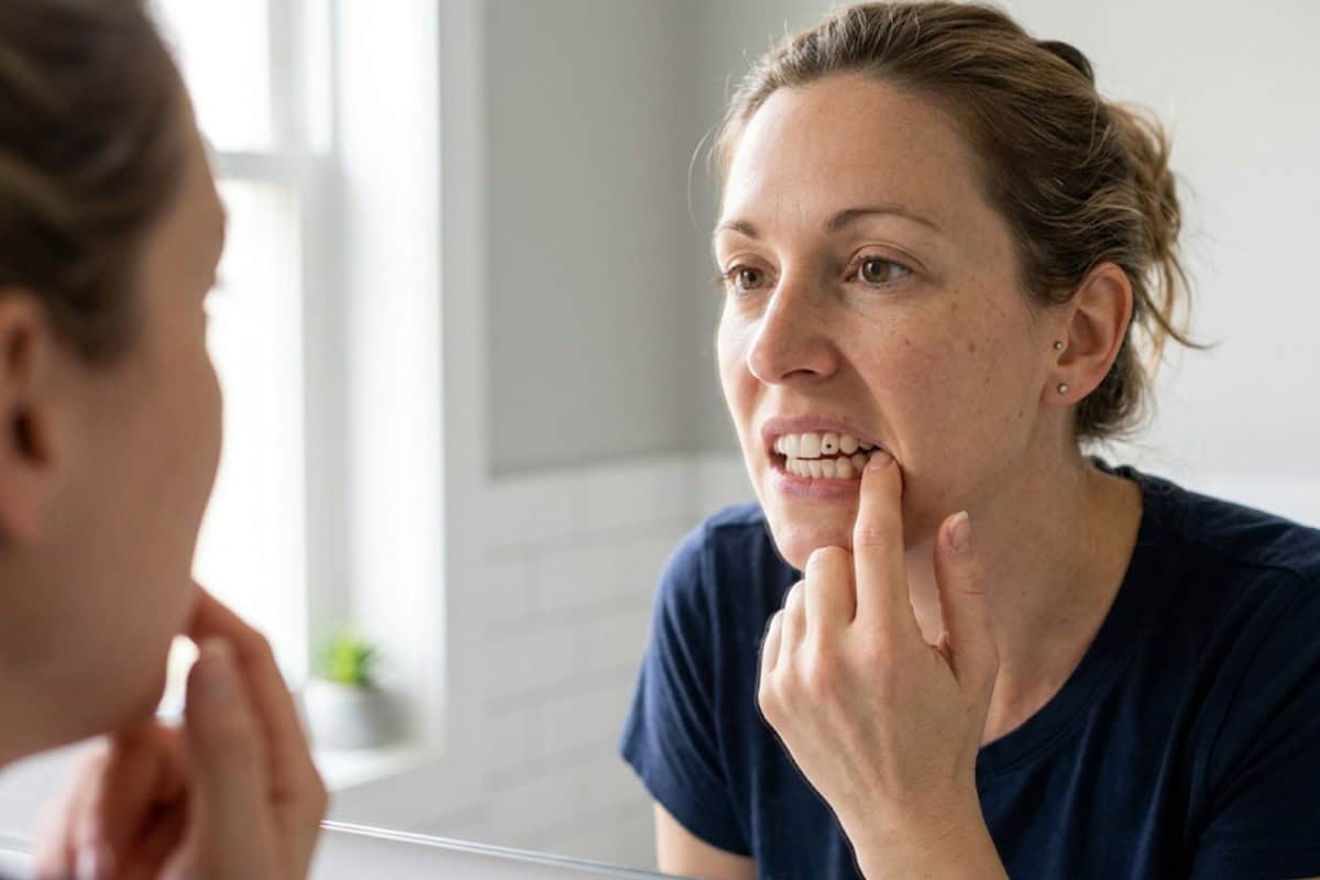 Woman looking in a mirror and touching her teeth, as if inspecting her bite or flossing at home bathroom vanity.