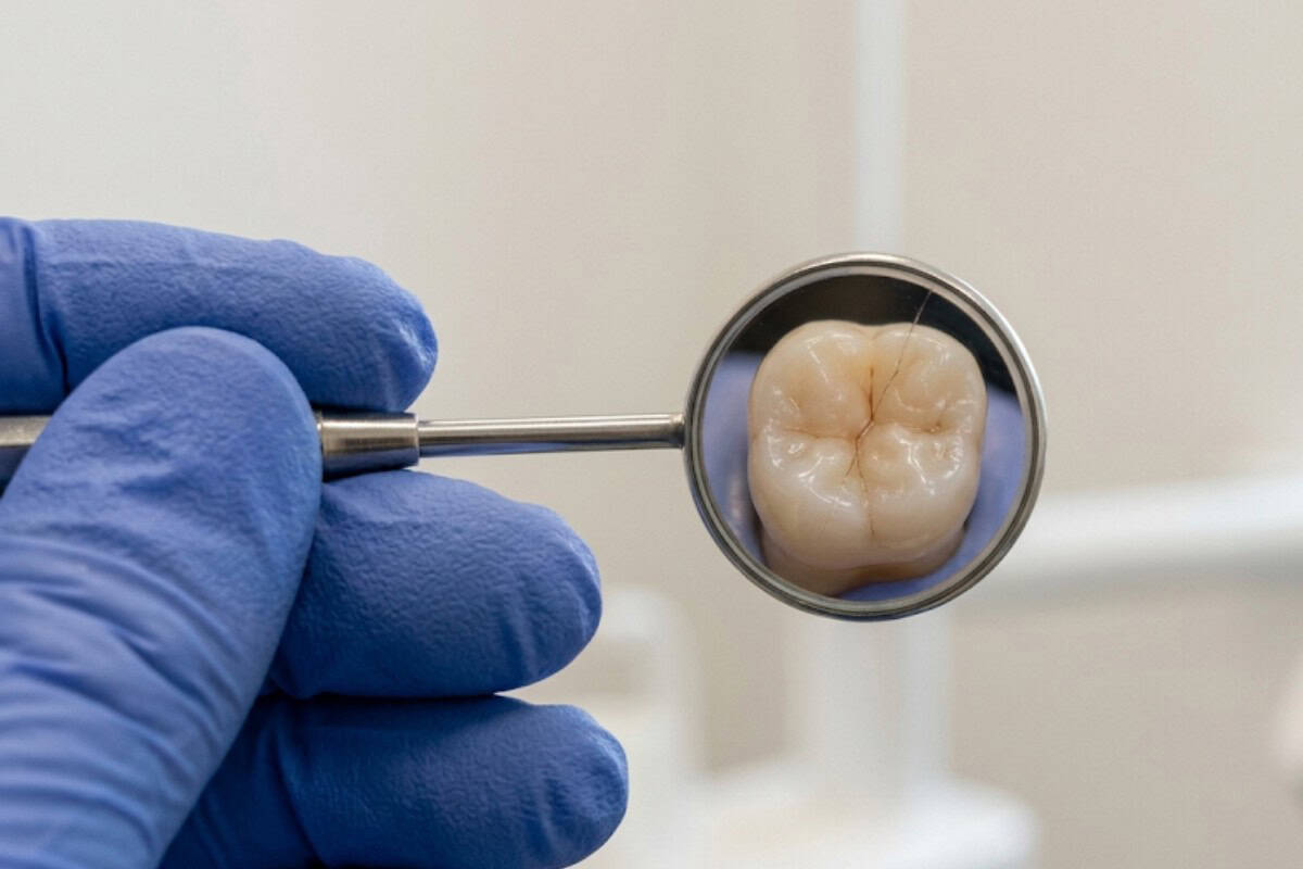 Gloved hand holding a dental mirror showing a molar tooth.