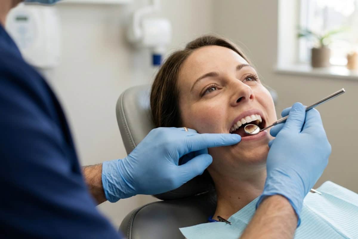Dentist in blue gloves examining a woman's teeth with a mirror during a dental checkup in a chair.
