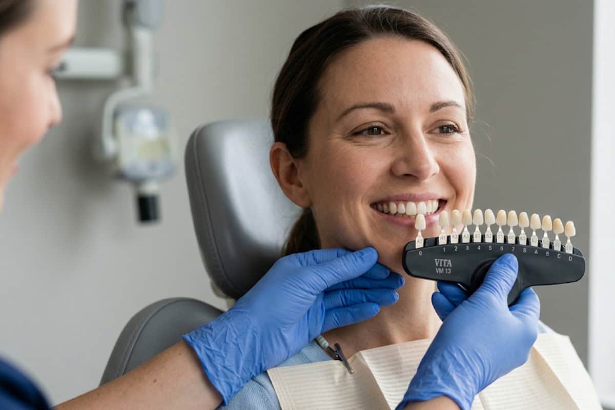 Smiling patient in a dental chair while a clinician in blue gloves holds a VITA shade guide up to her teeth to match tooth color for a restoration or whitening.