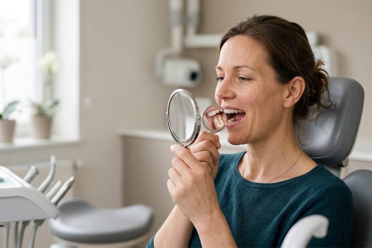 Woman in a dental chair uses a handheld mirror to inspect her teeth during a checkup in a clinic setting.