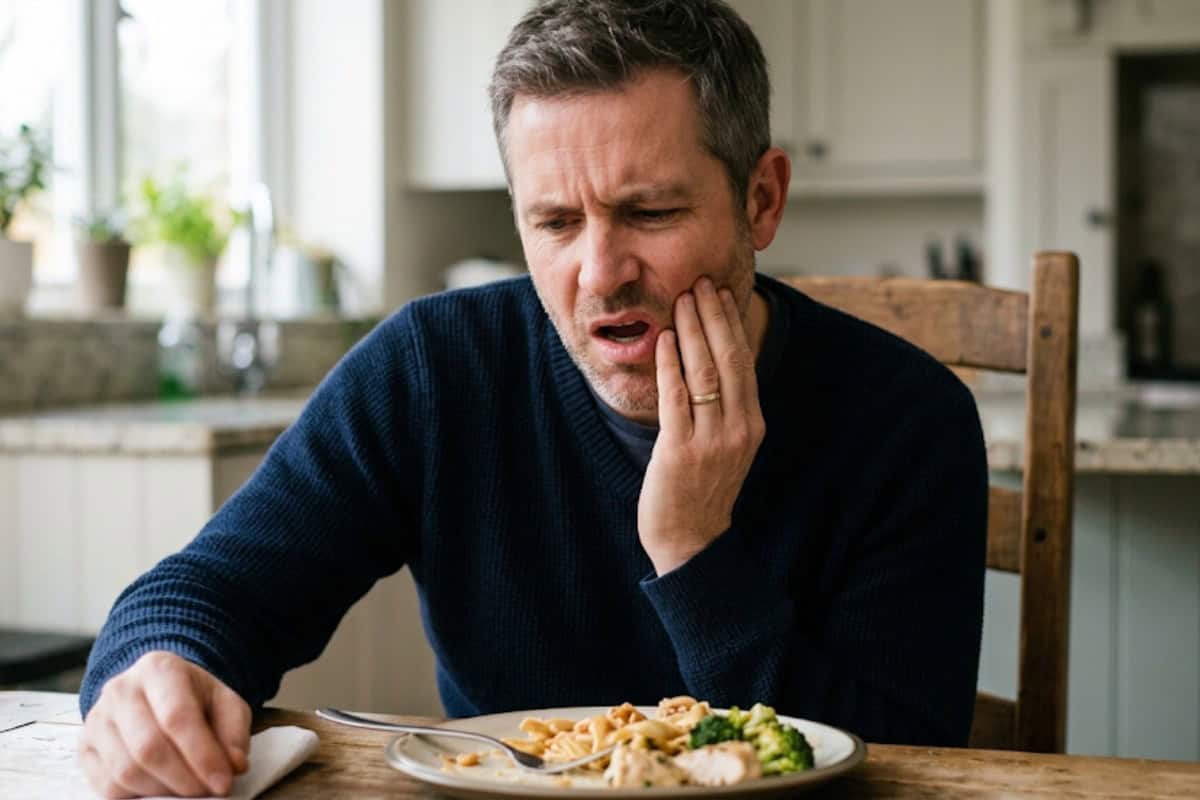 Man at a kitchen table touching his jaw in pain while looking at a plate of pasta and broccoli on his plate.