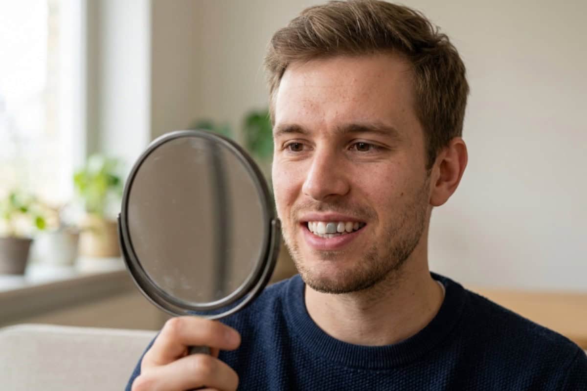 Young man smiling at himself in a handheld mirror indoors.